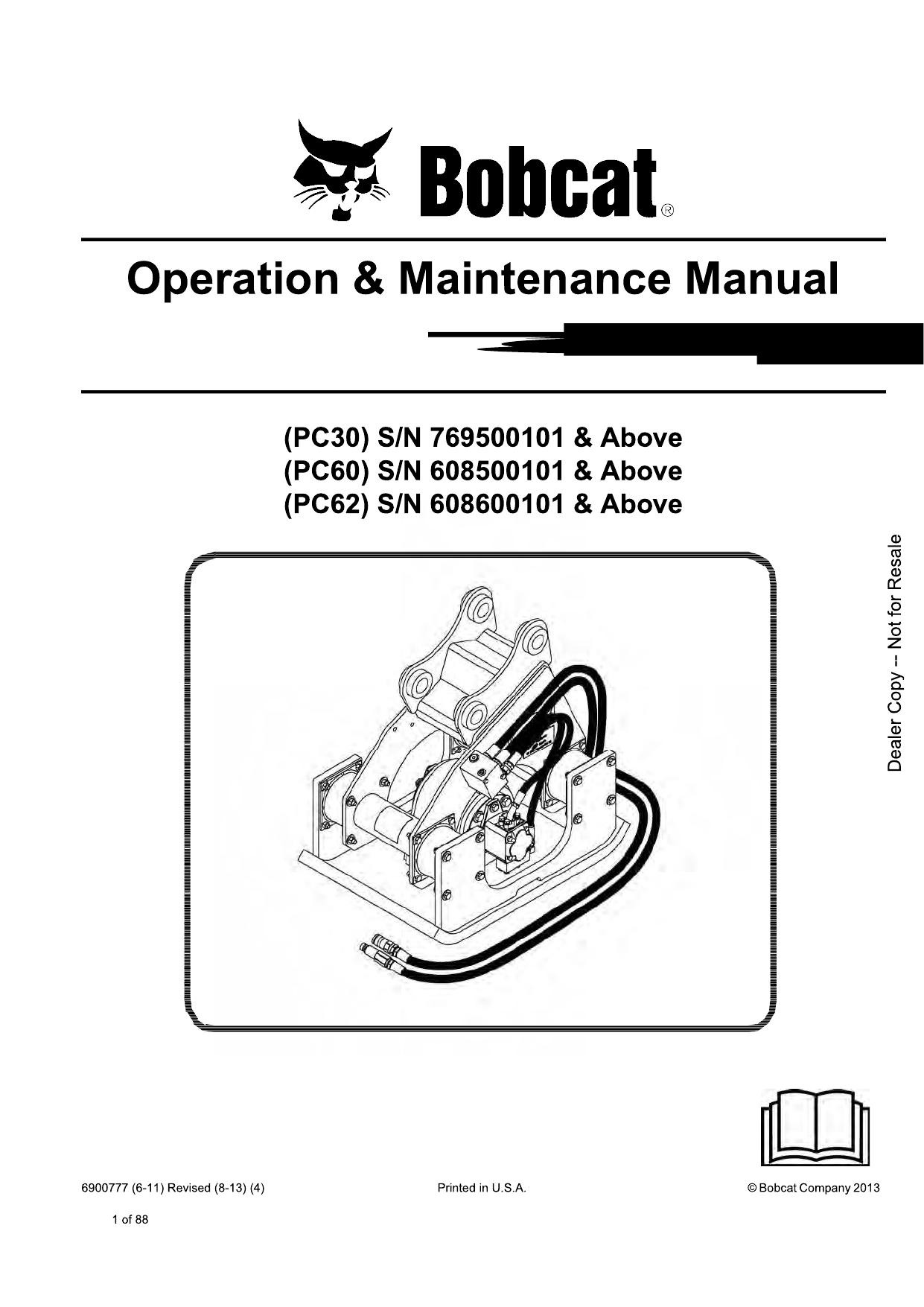 PC30 PC60 PC62 Plate Compactor Attachment Operation & Maintenance Manual Bobcat